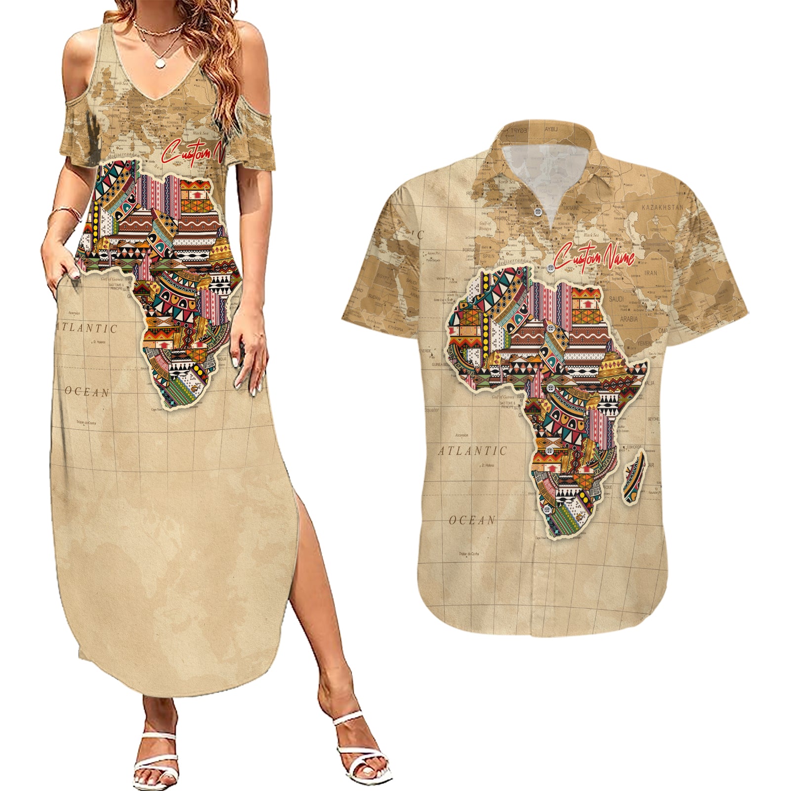 Personalized Africa On World Map Couples Matching Summer Maxi Dress and Hawaiian Shirt - Wonder Print Shop