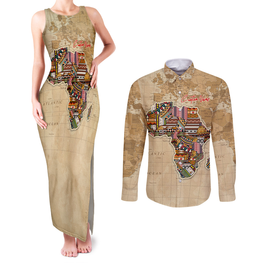 Personalized Africa On World Map Couples Matching Tank Maxi Dress and Long Sleeve Button Shirt - Wonder Print Shop