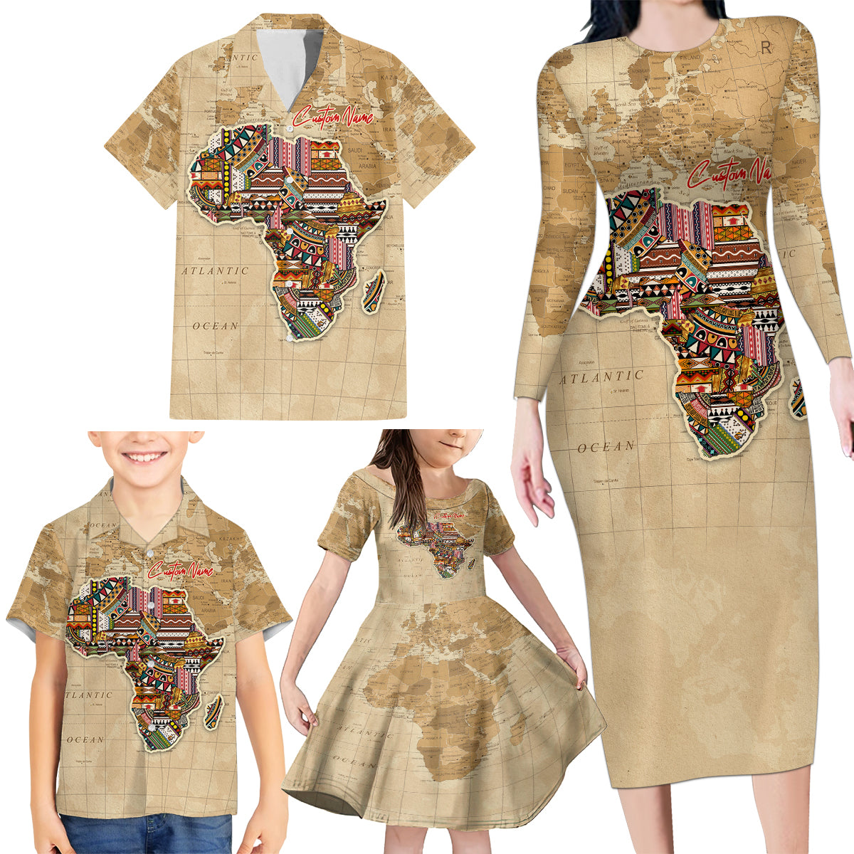 Personalized Africa On World Map Family Matching Long Sleeve Bodycon Dress and Hawaiian Shirt - Wonder Print Shop