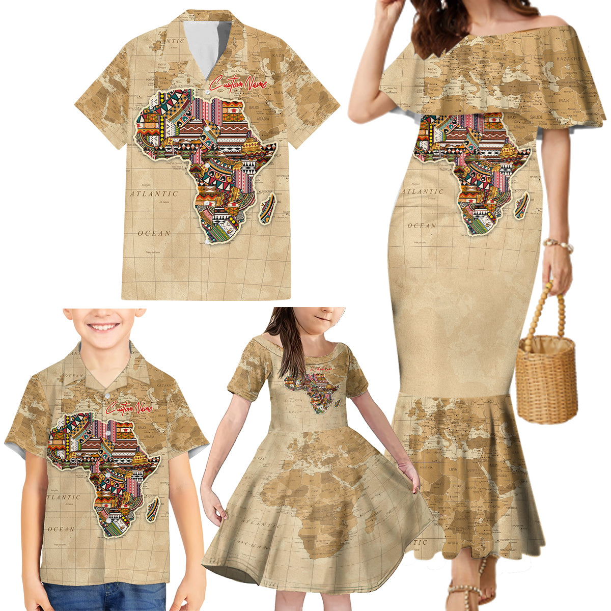 Personalized Africa On World Map Family Matching Mermaid Dress and Hawaiian Shirt - Wonder Print Shop