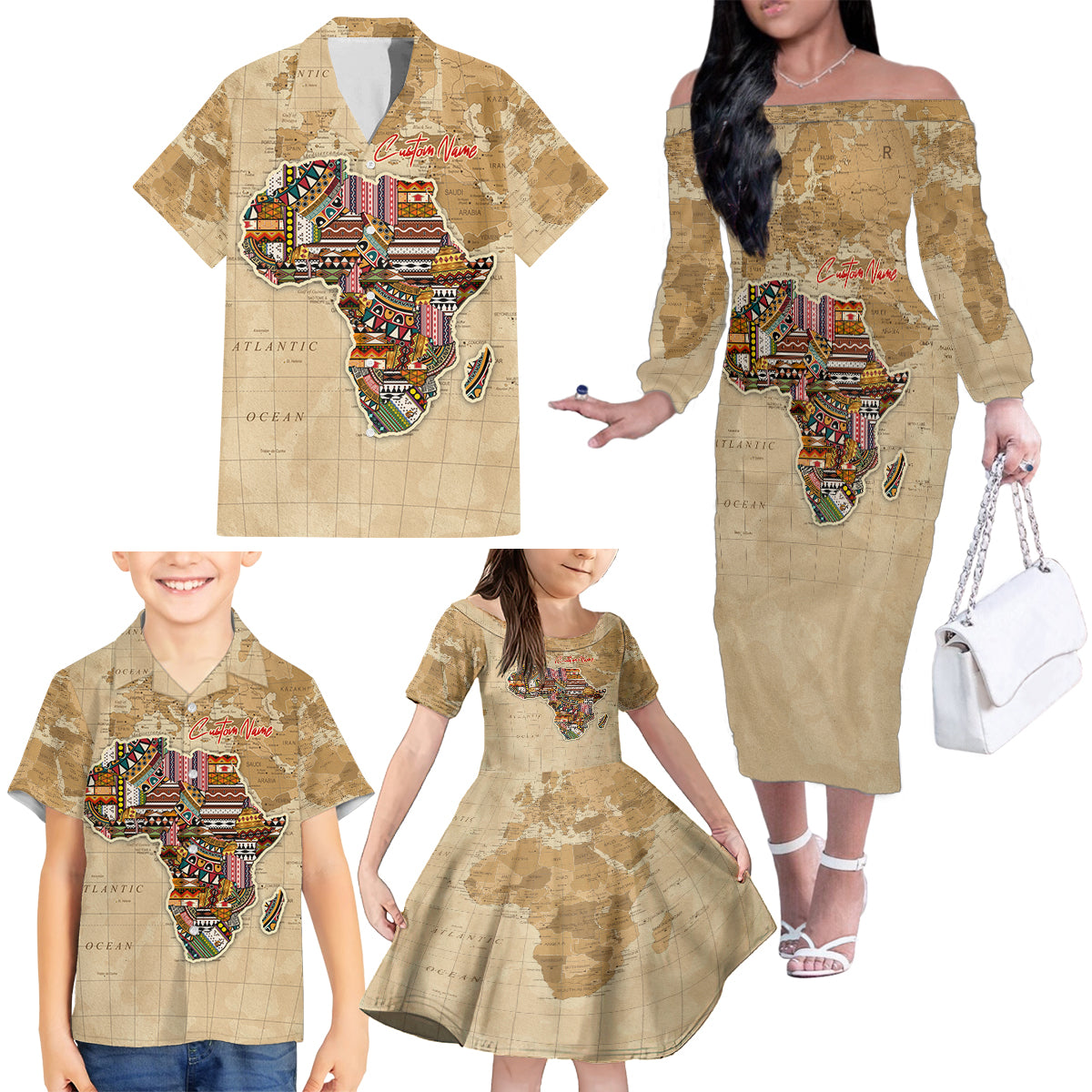 Personalized Africa On World Map Family Matching Off Shoulder Long Sleeve Dress and Hawaiian Shirt - Wonder Print Shop