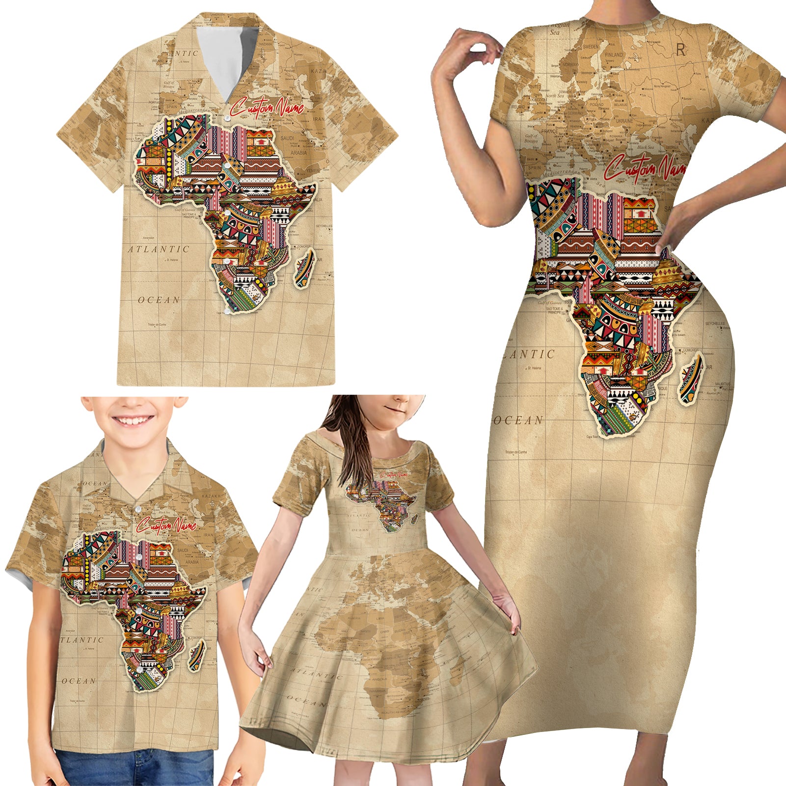 Personalized Africa On World Map Family Matching Short Sleeve Bodycon Dress and Hawaiian Shirt - Wonder Print Shop