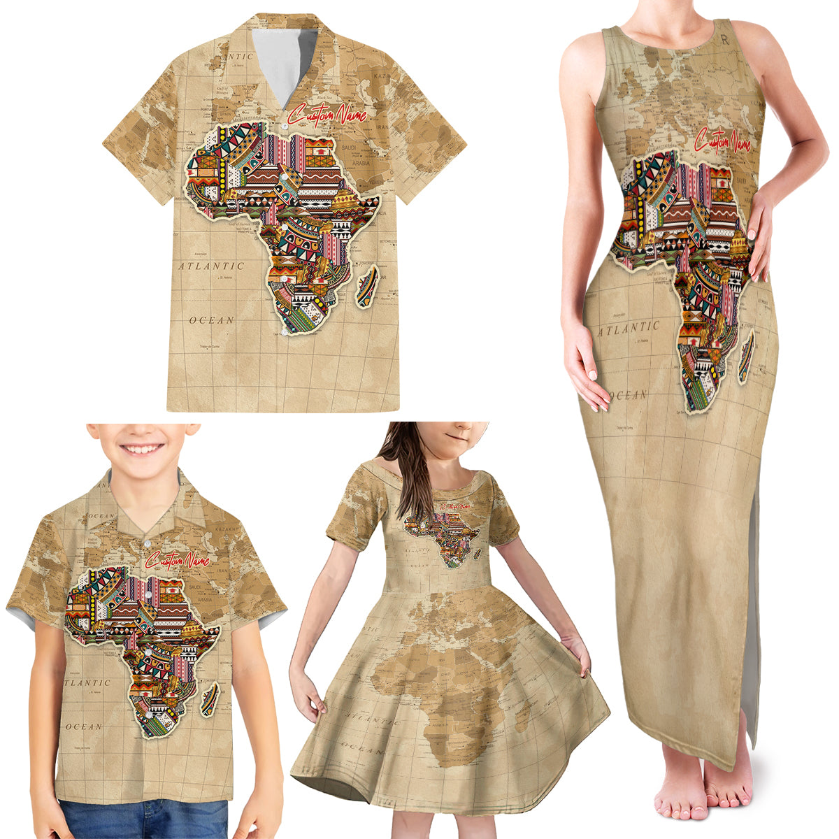 Personalized Africa On World Map Family Matching Tank Maxi Dress and Hawaiian Shirt - Wonder Print Shop