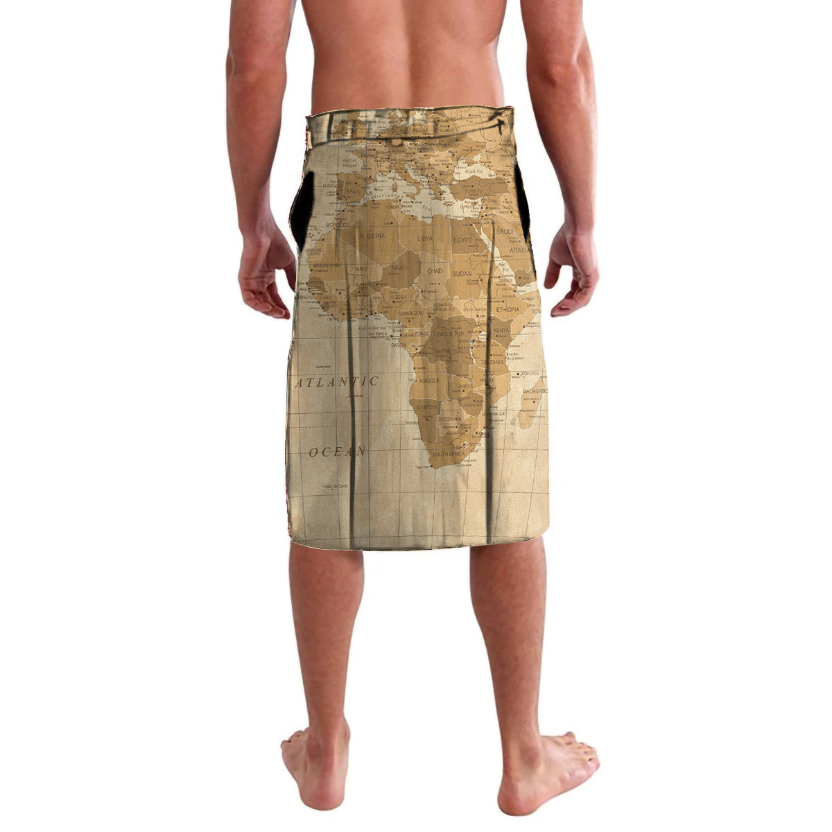 Beige lavalava wrap skirt showing world map print and Africa outline