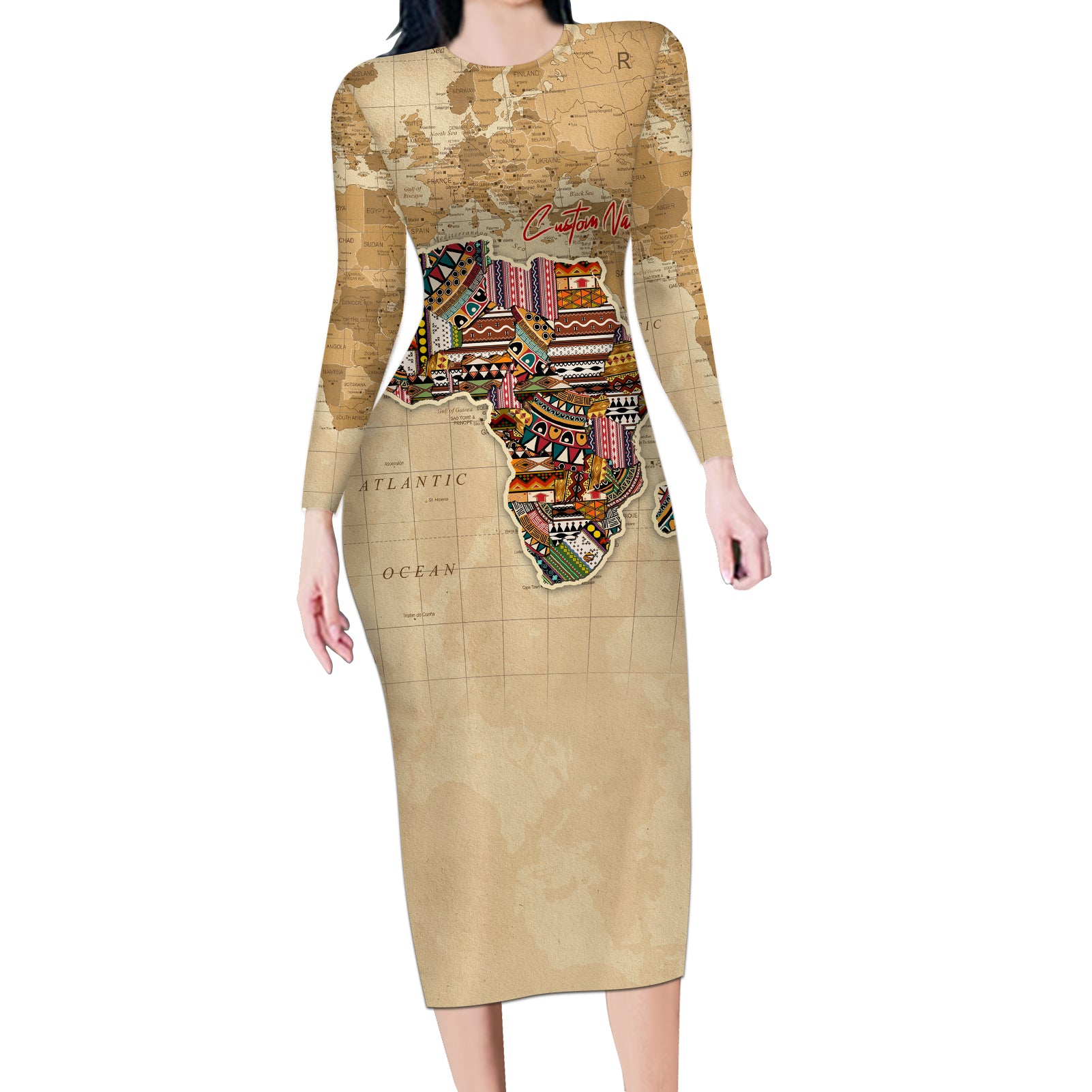 Personalized Africa On World Map Long Sleeve Bodycon Dress - Wonder Print Shop