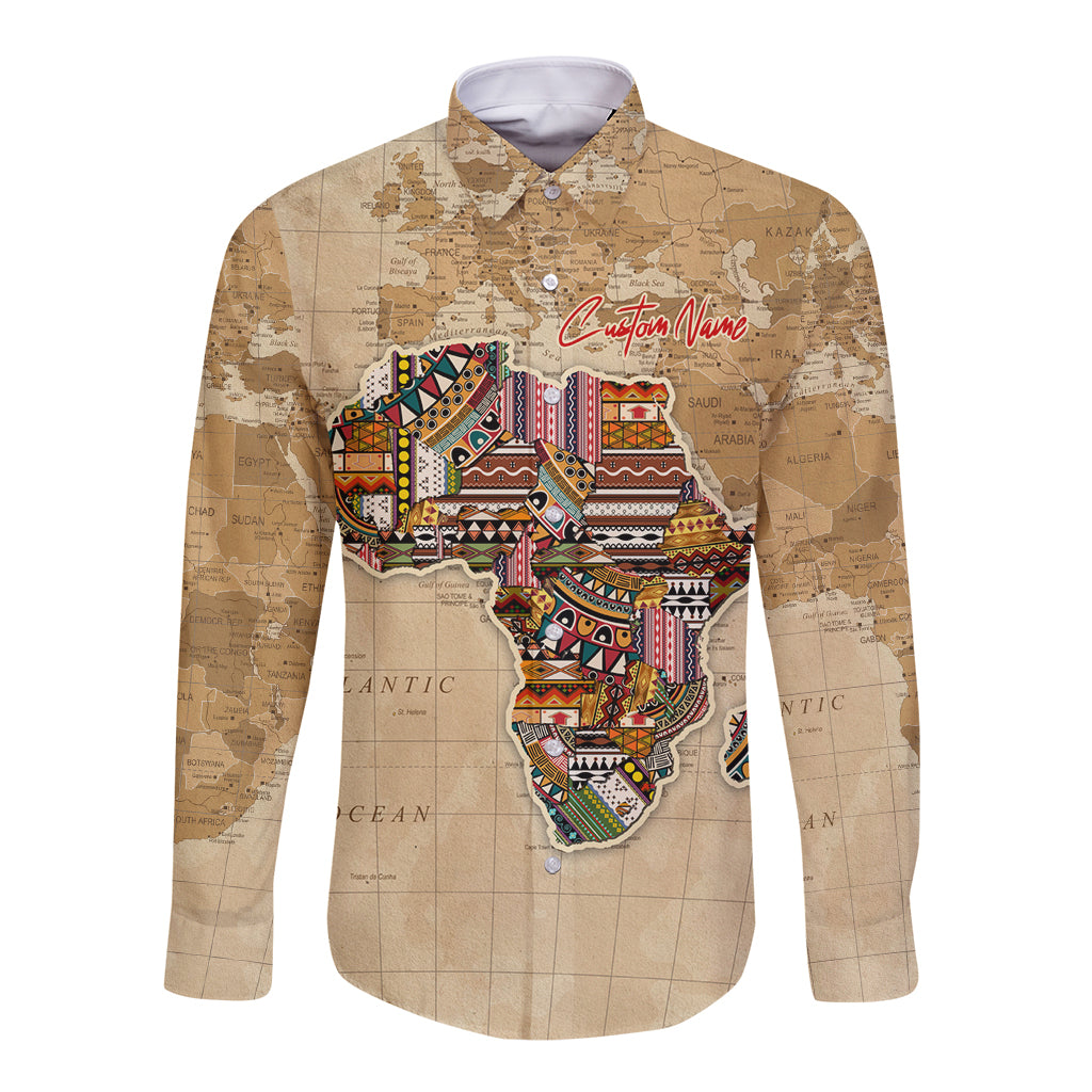 Beige long-sleeve button shirt with Africa map graphic and custom name text