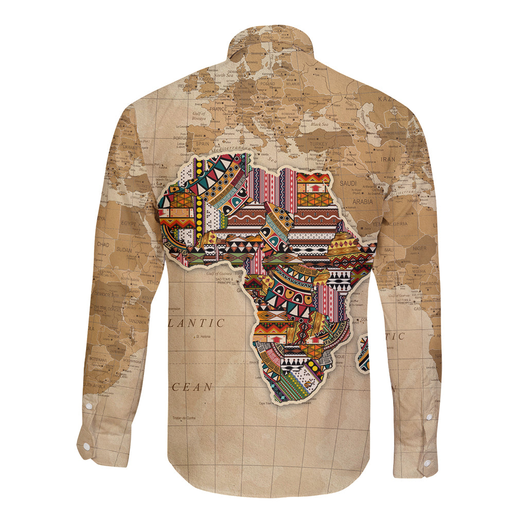 Beige long-sleeve button shirt with Africa map graphic from back view