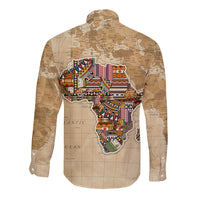 Beige long-sleeve button shirt with Africa map graphic from back view