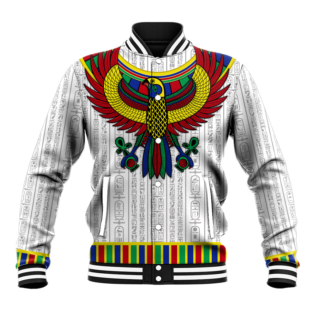 White baseball jacket with large colorful Horus emblem, striped ribbed collar and cuffs