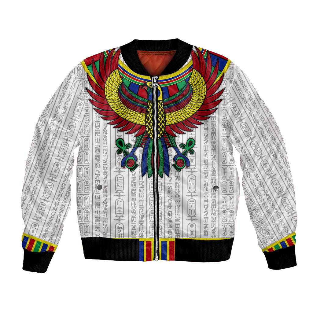 White unisex bomber jacket with colorful Egyptian Horus-style wing graphic and black trim