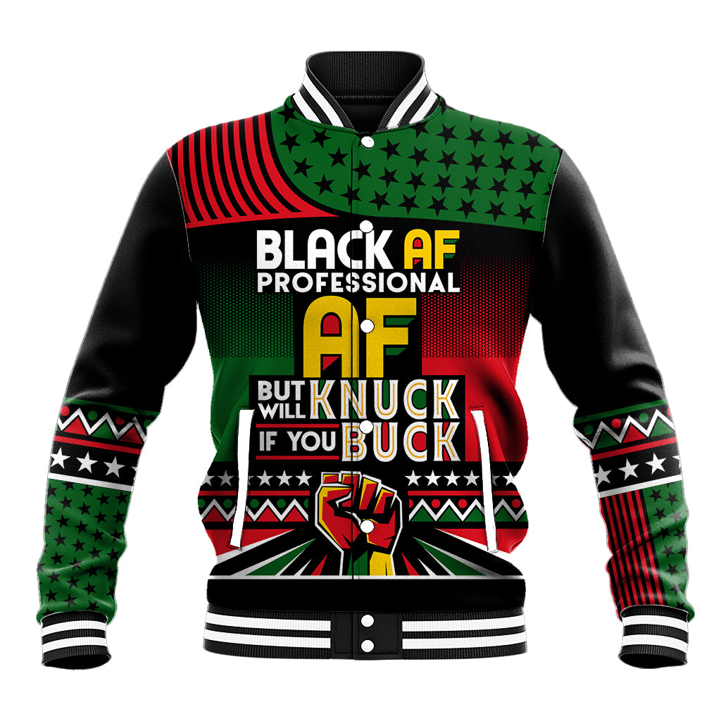 Black varsity baseball jacket with button front, ribbed collar, and bold graphic text