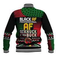 Black varsity baseball jacket back with ribbed collar, striped cuffs, and large graphic