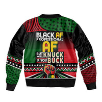 Black bomber jacket with large central text graphic, green stars, red stripes, unisex