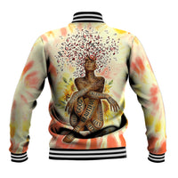 Tie-dye baseball jacket with striped rib collar, snap buttons, and back graphic