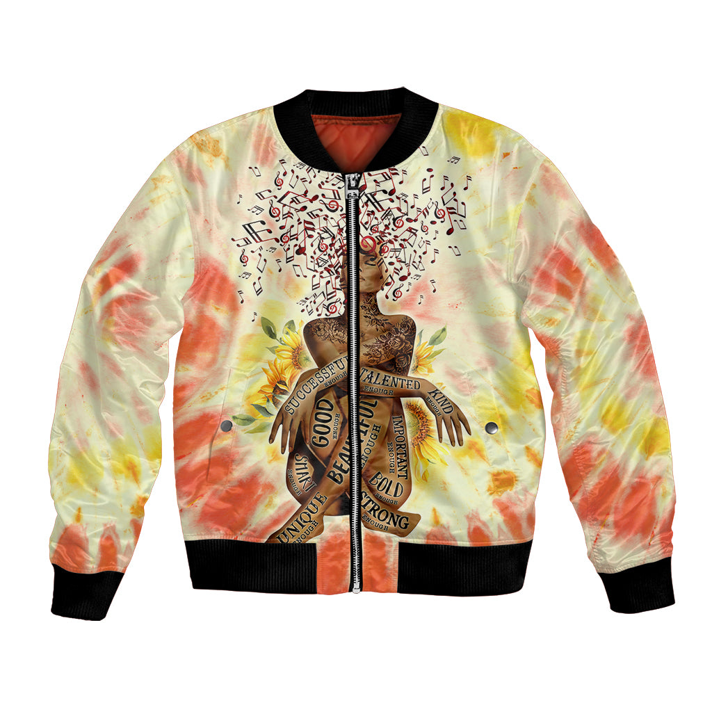 Tie-dye bomber jacket with front zipper, black ribbed collar and cuffs, graphic print