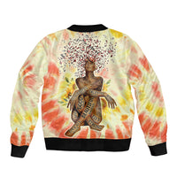 Tie-dye bomber jacket, black ribbed hem and cuffs, full front graphic art print