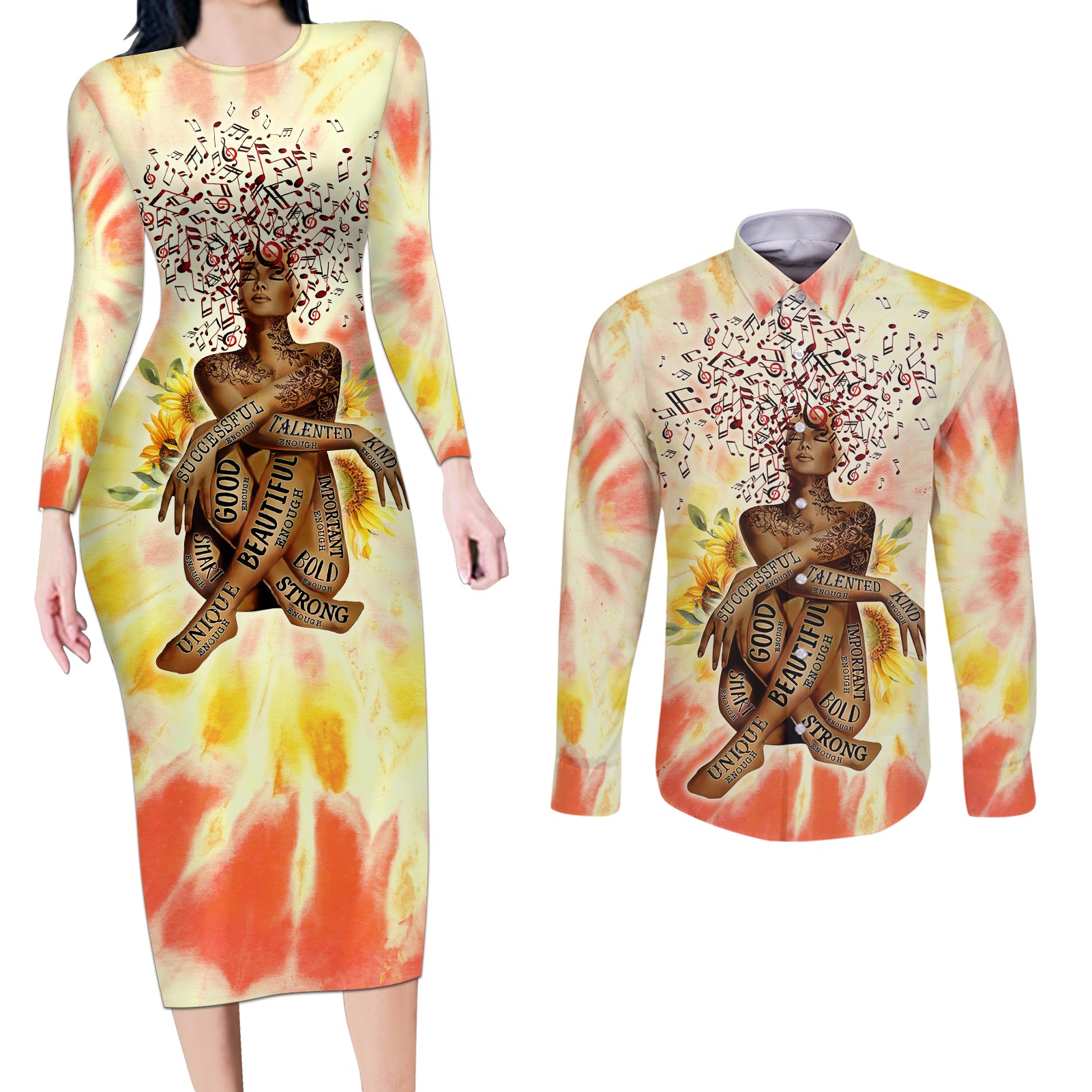 Black Queen Tie Dye Couples Matching Long Sleeve Bodycon Dress and Long Sleeve Button Shirt - Wonder Print Shop