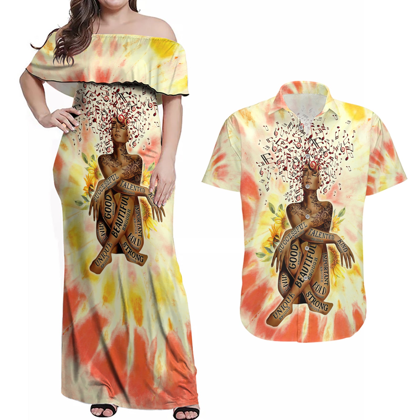 Black Queen Tie Dye Couples Matching Off Shoulder Maxi Dress and Hawaiian Shirt - Wonder Print Shop