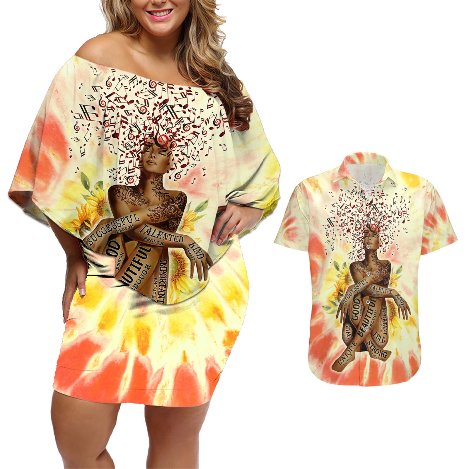 Black Queen Tie Dye Couples Matching Off Shoulder Short Dress and Hawaiian Shirt - Wonder Print Shop