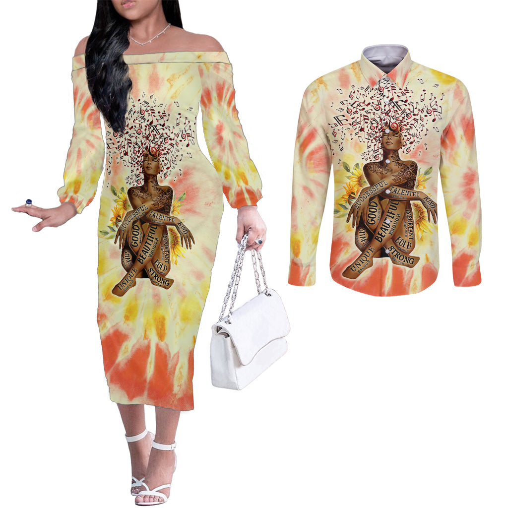 Black Queen Tie Dye Couples Matching Off The Shoulder Long Sleeve Dress and Long Sleeve Button Shirt