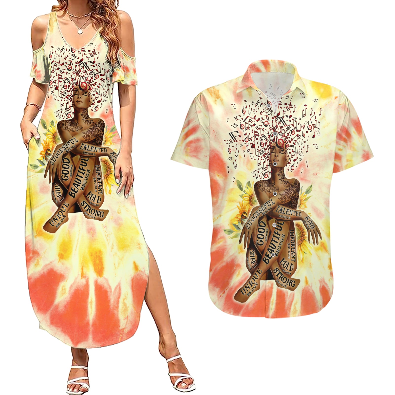 Black Queen Tie Dye Couples Matching Summer Maxi Dress and Hawaiian Shirt - Wonder Print Shop