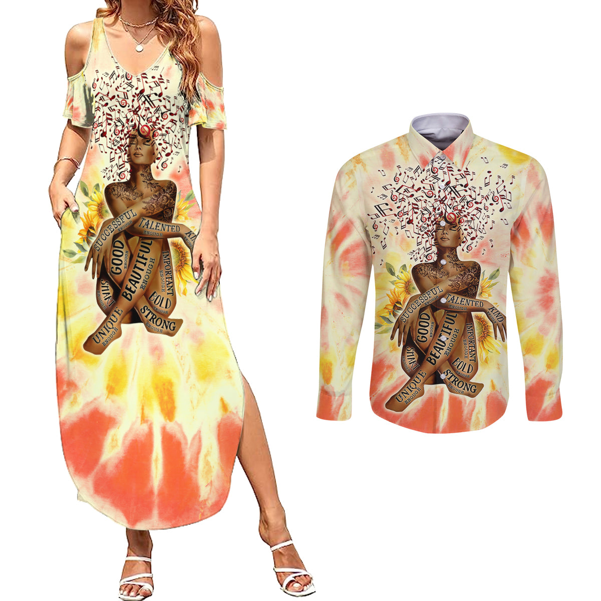 Black Queen Tie Dye Couples Matching Summer Maxi Dress and Long Sleeve Button Shirt - Wonder Print Shop