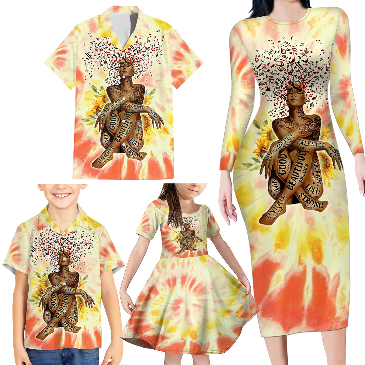 Black Queen Tie Dye Family Matching Long Sleeve Bodycon Dress and Hawaiian Shirt - Wonder Print Shop