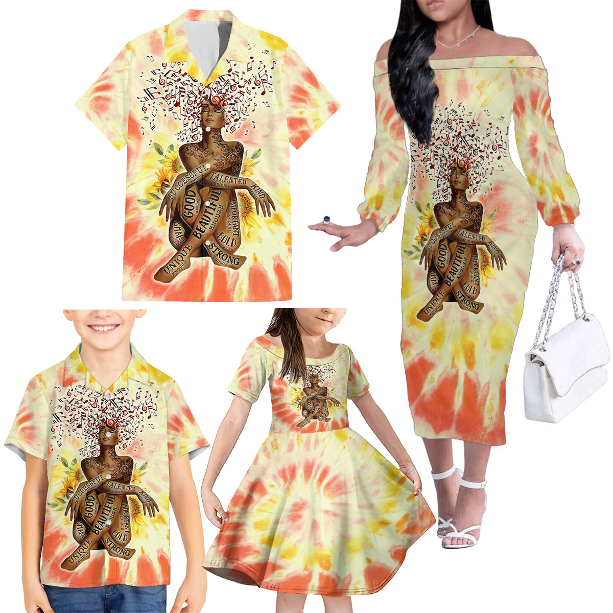 Black Queen Tie Dye Family Matching Off Shoulder Long Sleeve Dress and Hawaiian Shirt - Wonder Print Shop