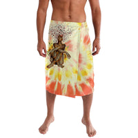 Tie-dye lavalava skirt with front graphic, yellow-orange swirls, knee length