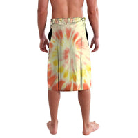 Tie-dye lavalava skirt back view, yellow-orange swirl pattern, knee length