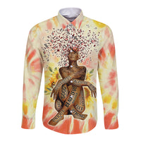 Long sleeve button shirt with multicolor tie-dye and front face graphic, floral accents