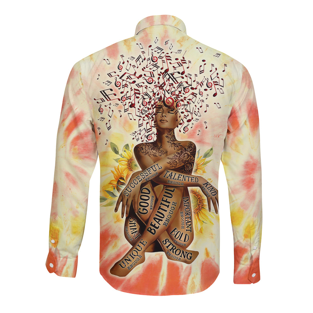 Long sleeve button shirt with multicolor tie-dye and back face graphic with music notes