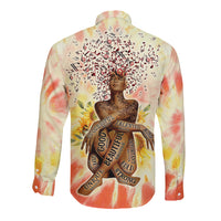 Long sleeve button shirt with multicolor tie-dye and back face graphic with music notes