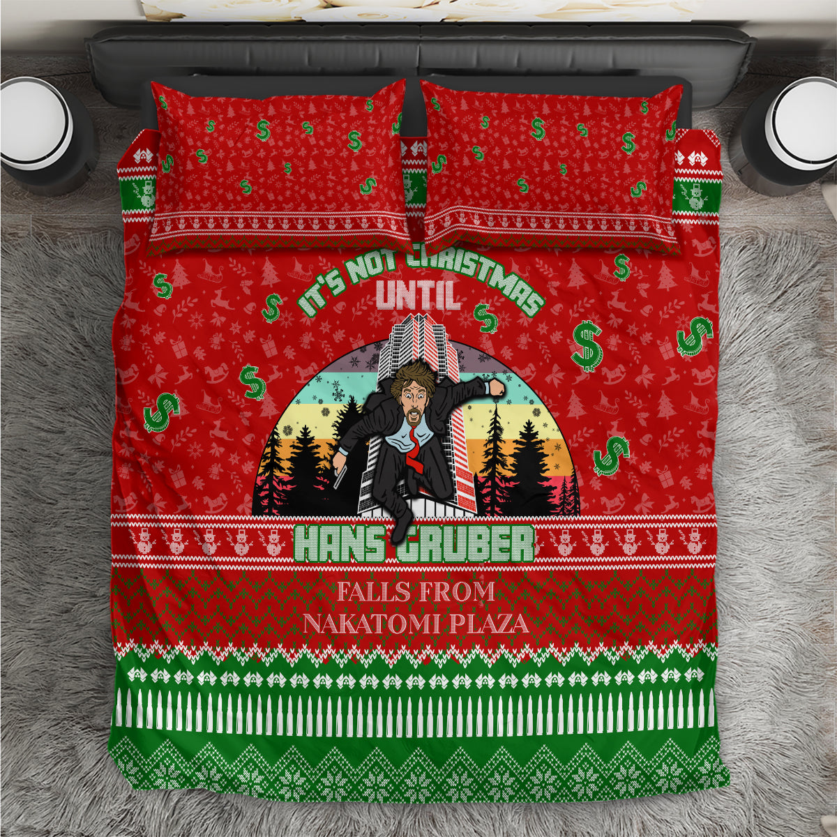 Red holiday bedding set with green festive border, character graphic, and matching pillow covers