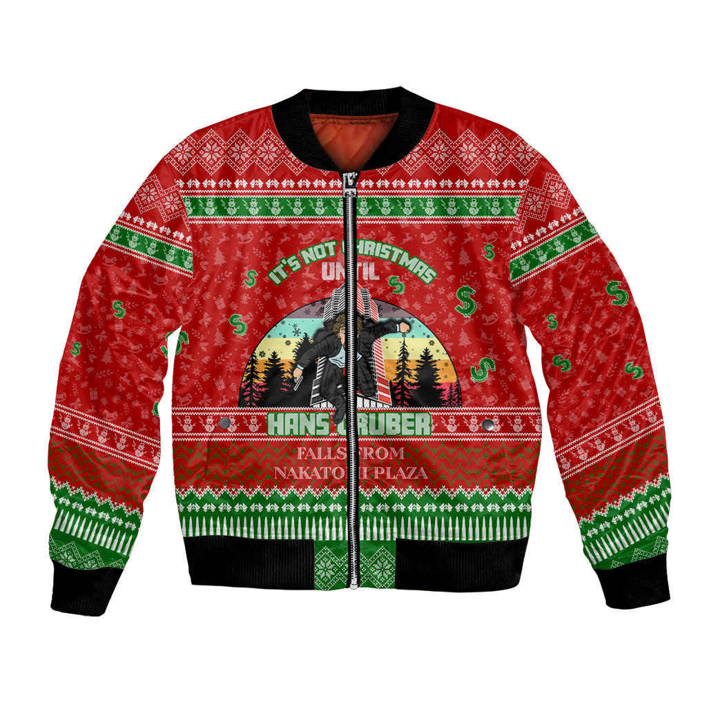 Red bomber jacket with green ribbed cuffs, zipper front, and festive graphic print