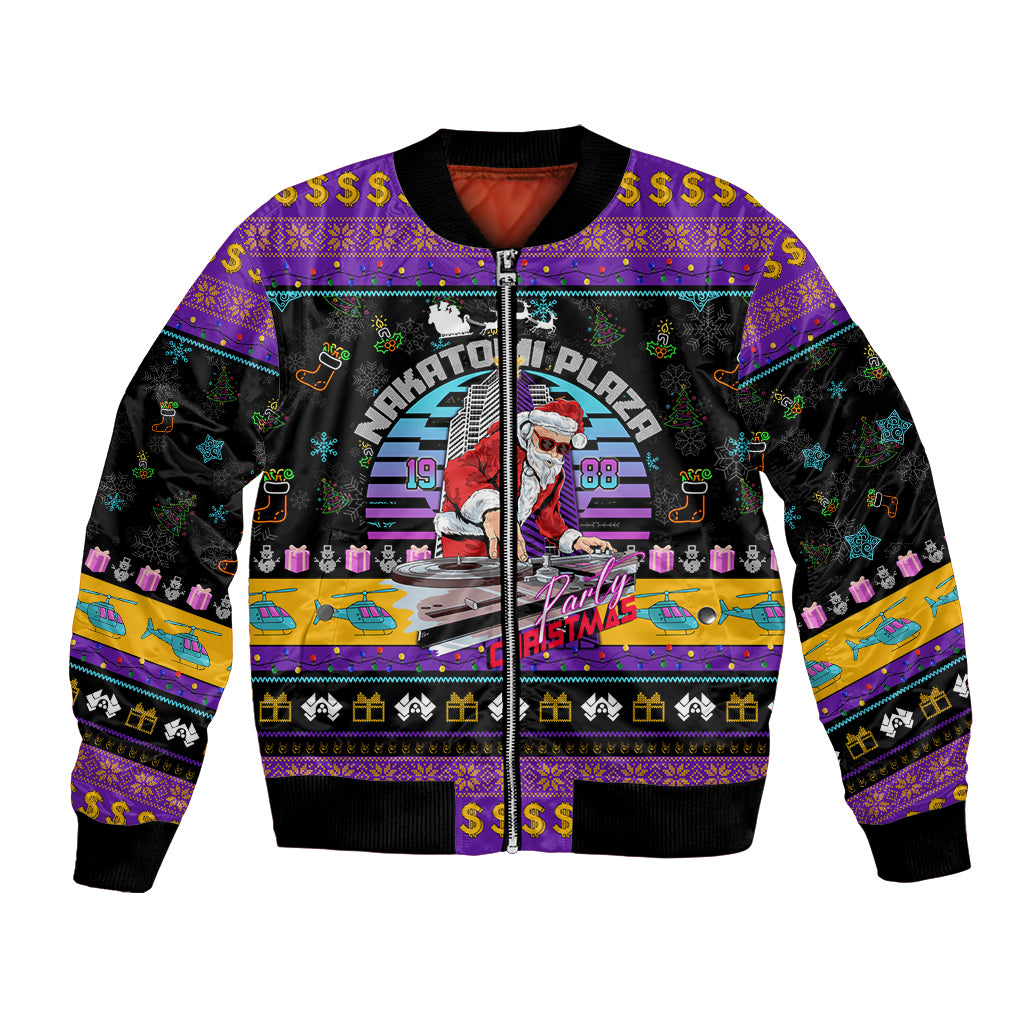 Unisex purple and black bomber jacket with full-zip front and colorful Christmas graphic