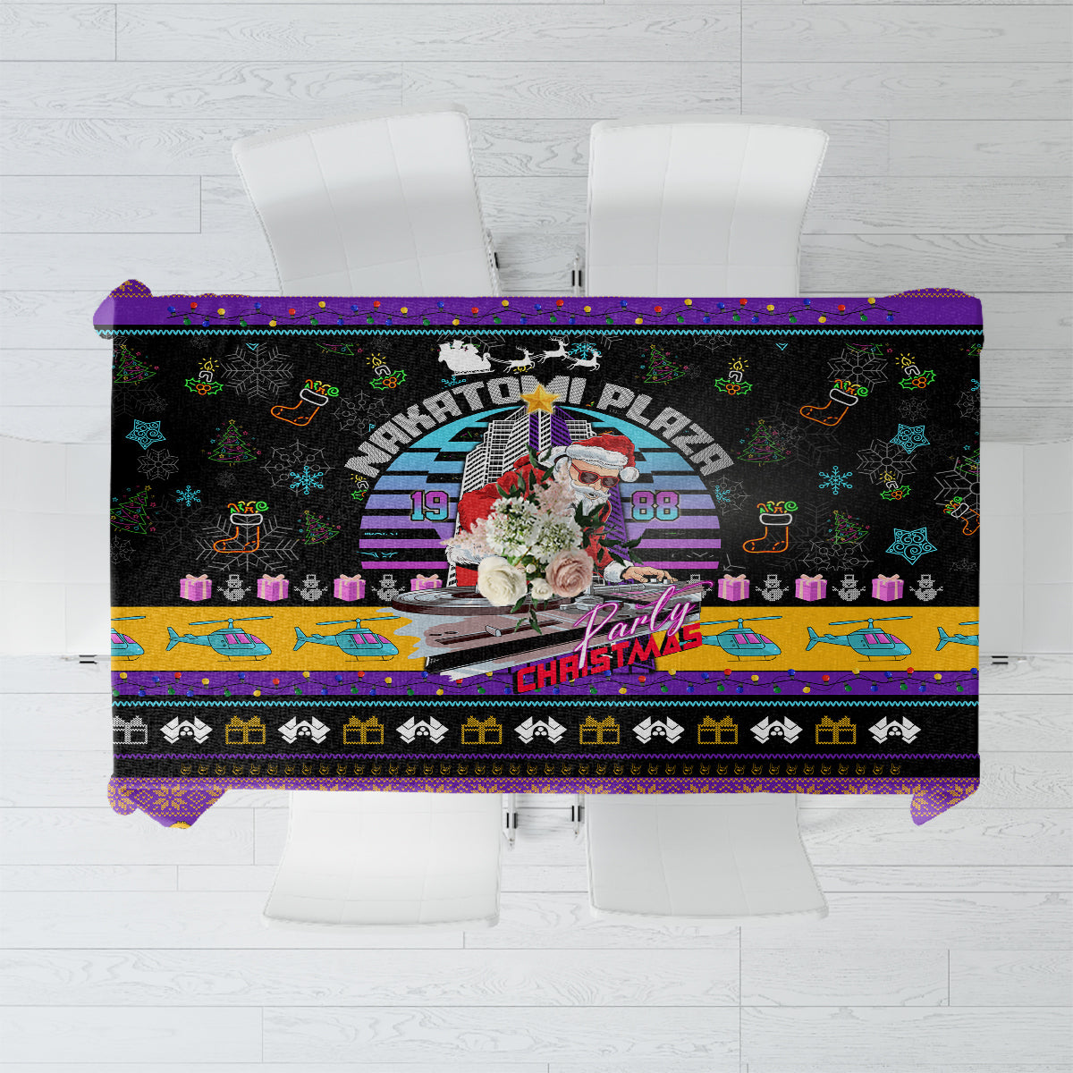 Purple Christmas tablecloth with colorful graphic print and black border, square cut