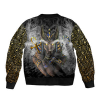 Unisex bomber jacket black with Egyptian-style Anubis back graphic and gold hieroglyph sleeves