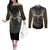 Anubis Couples Matching Off The Shoulder Long Sleeve Dress and Long Sleeve Button Shirt Egypt Pattern Black