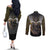 Anubis Couples Matching Off The Shoulder Long Sleeve Dress and Long Sleeve Button Shirt Egypt Pattern Black