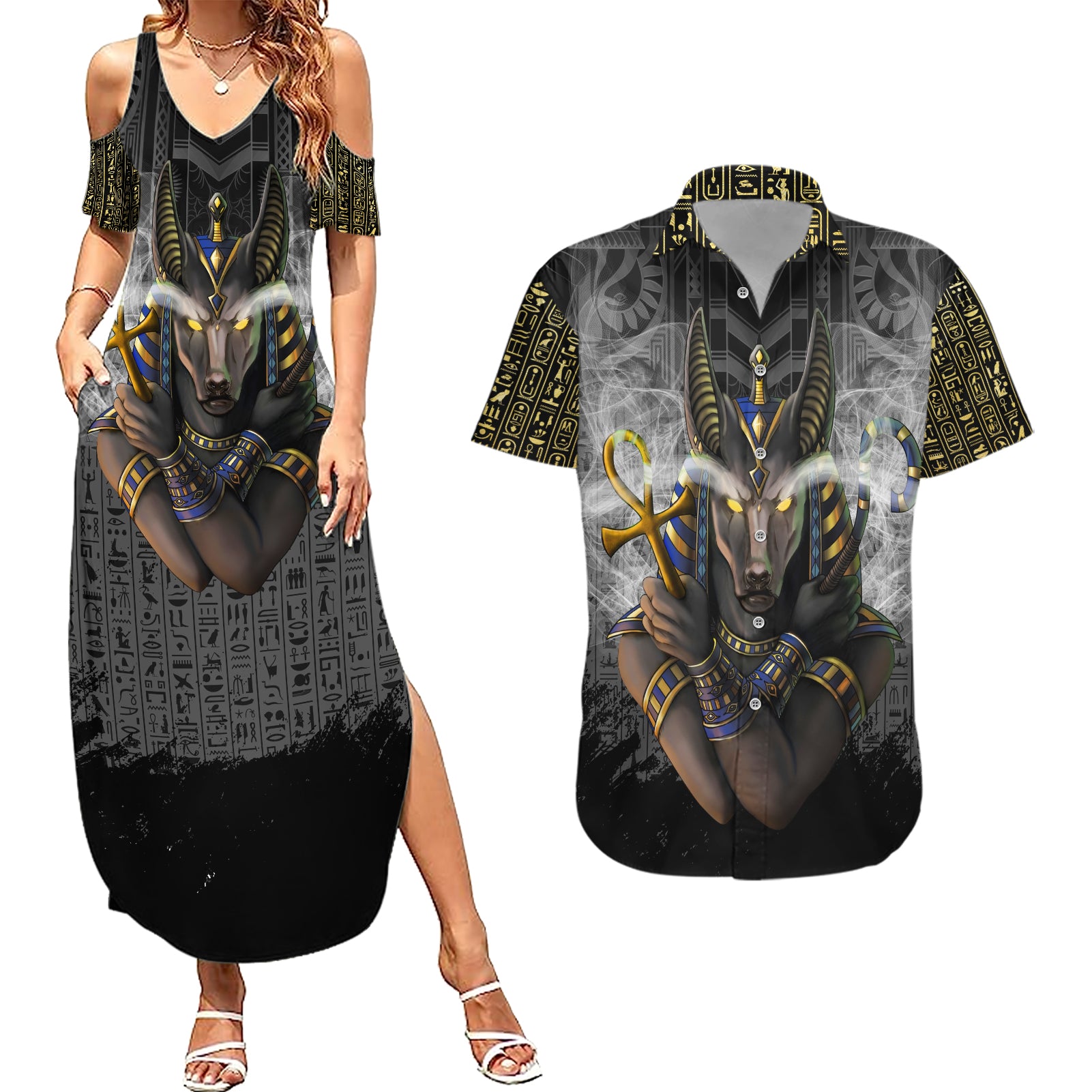 Anubis Couples Matching Summer Maxi Dress and Hawaiian Shirt Egypt Pattern Black - Wonder Print Shop