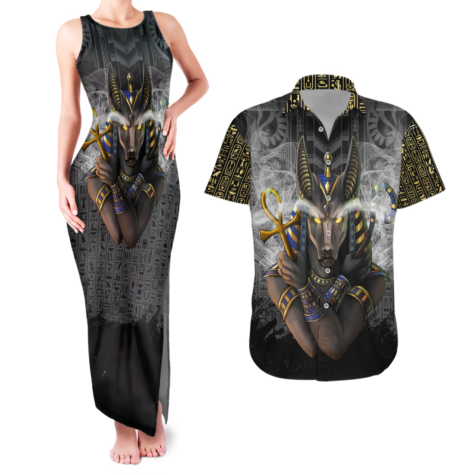 Anubis Couples Matching Tank Maxi Dress and Hawaiian Shirt Egypt Pattern Black - Wonder Print Shop