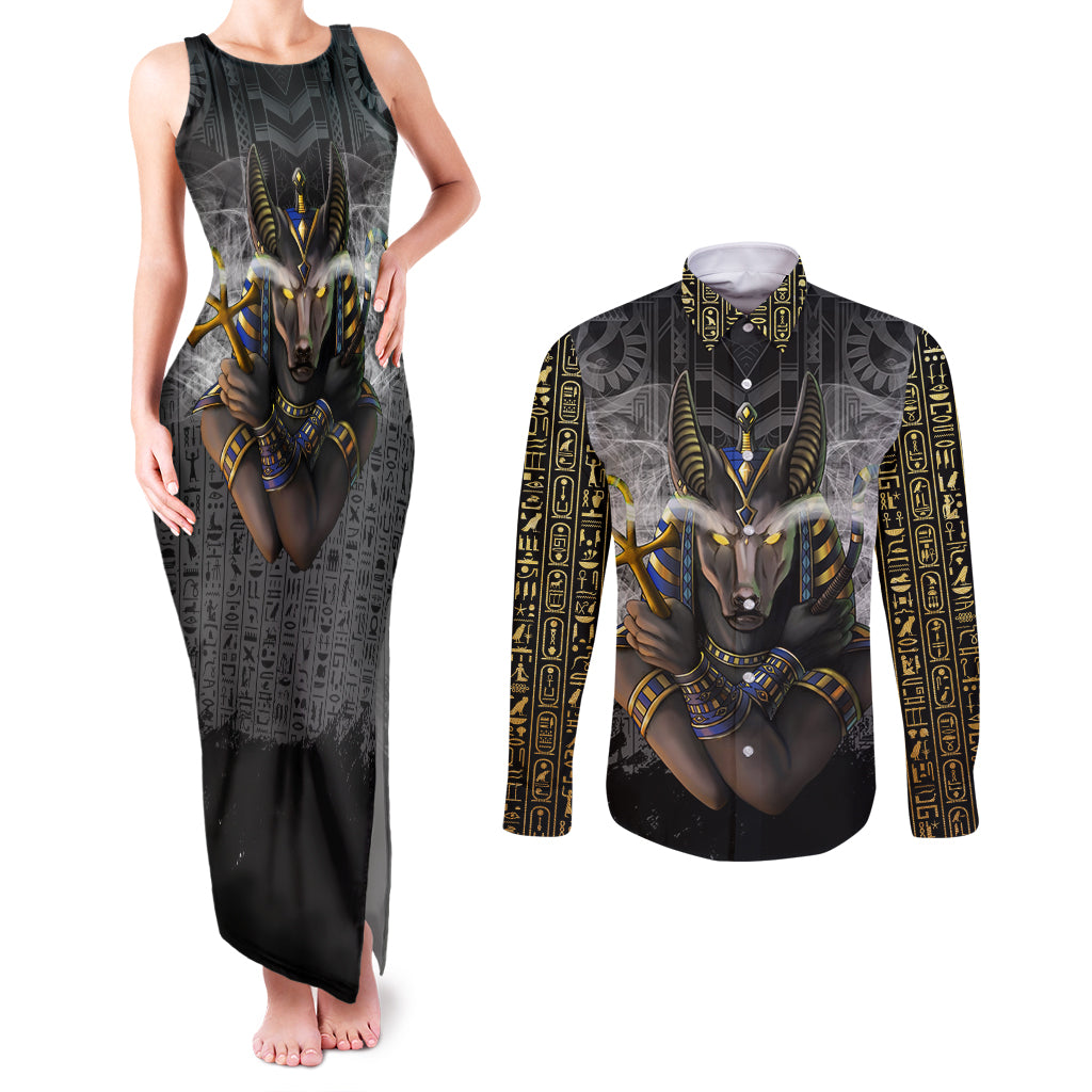 Anubis Couples Matching Tank Maxi Dress and Long Sleeve Button Shirt Egypt Pattern Black - Wonder Print Shop