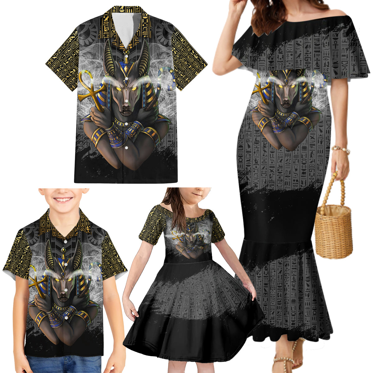 Anubis Family Matching Mermaid Dress and Hawaiian Shirt Egypt Pattern Black - Wonder Print Shop