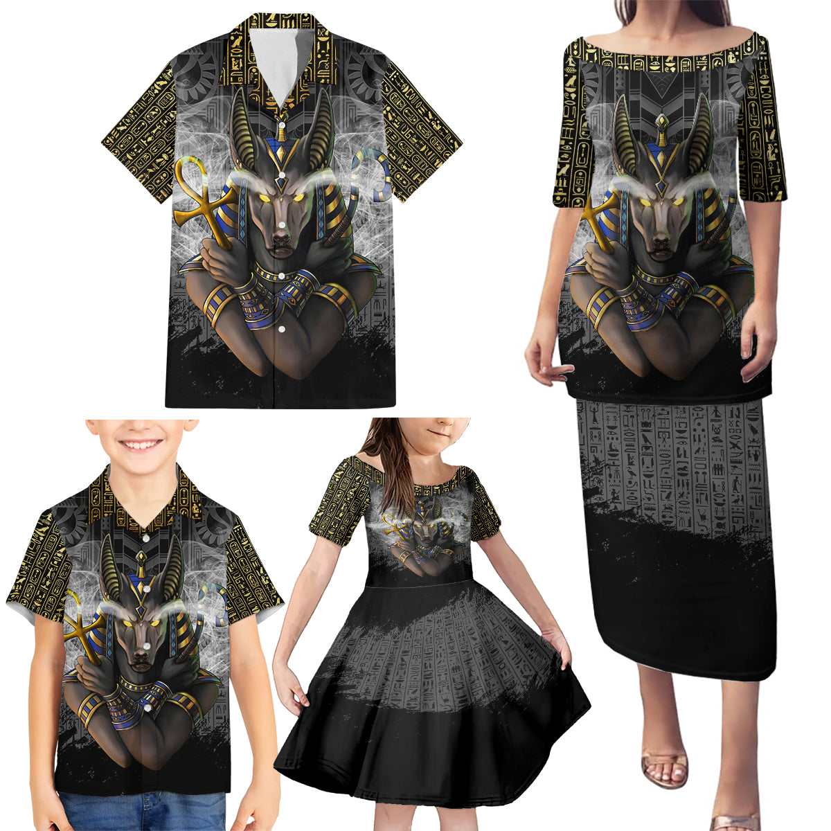 Anubis Family Matching Puletasi and Hawaiian Shirt Egypt Pattern Black - Wonder Print Shop