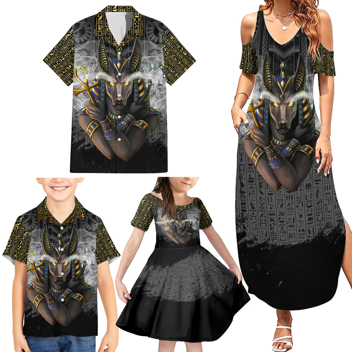 Anubis Family Matching Summer Maxi Dress and Hawaiian Shirt Egypt Pattern Black - Wonder Print Shop