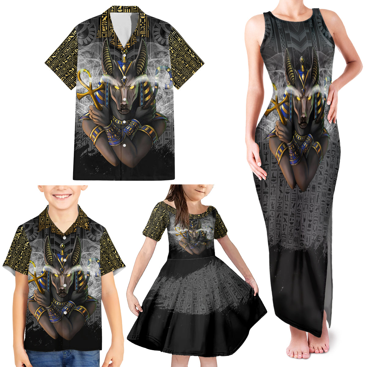 Anubis Family Matching Tank Maxi Dress and Hawaiian Shirt Egypt Pattern Black - Wonder Print Shop