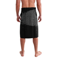 Black Egyptian-pattern lavalava with hieroglyph blocks, draped wrap skirt