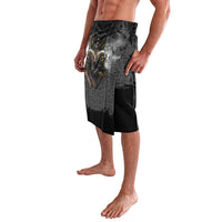 Black Egyptian-pattern lavalava with Anubis face graphic, side drape wrap