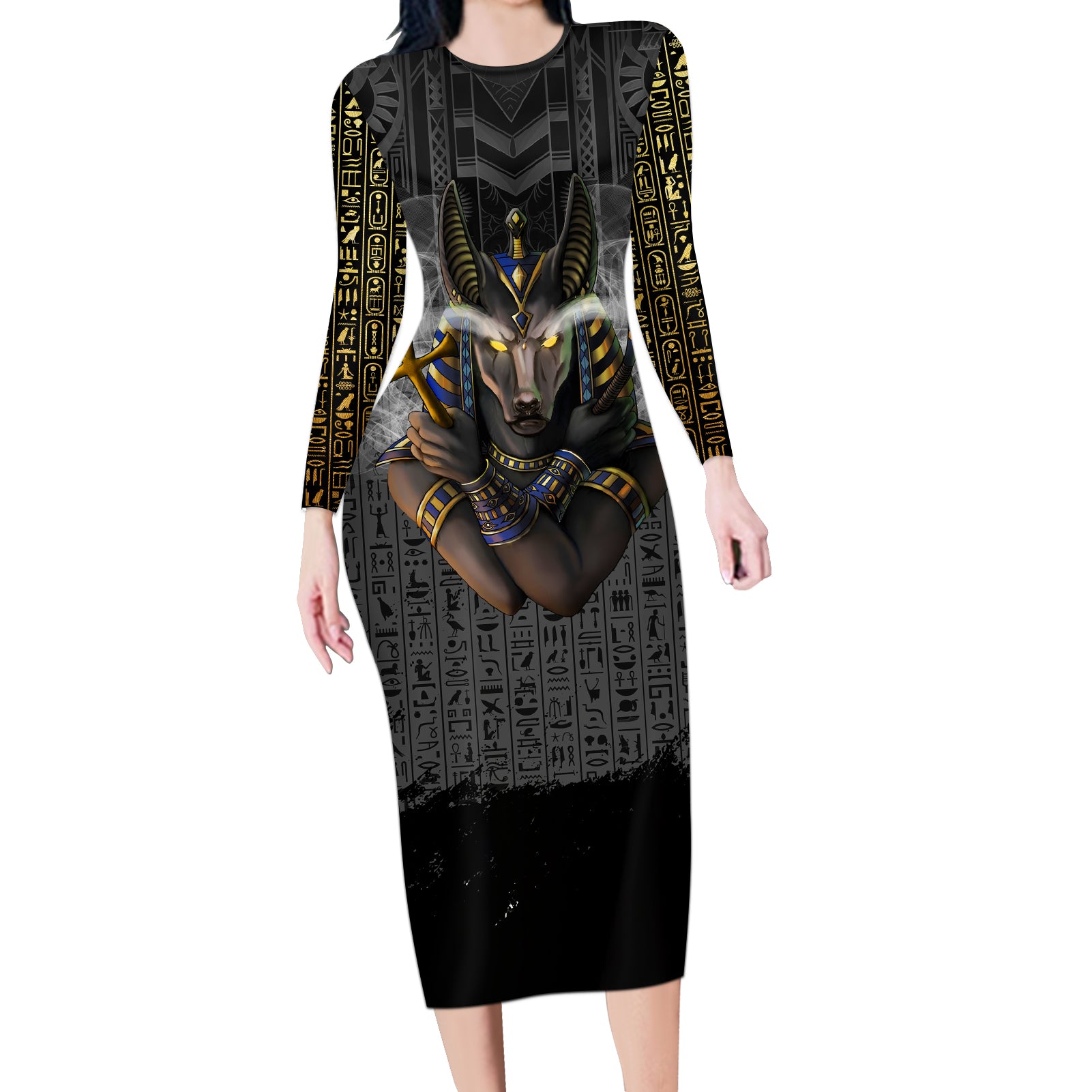 Anubis Long Sleeve Bodycon Dress Egypt Pattern Black - Wonder Print Shop